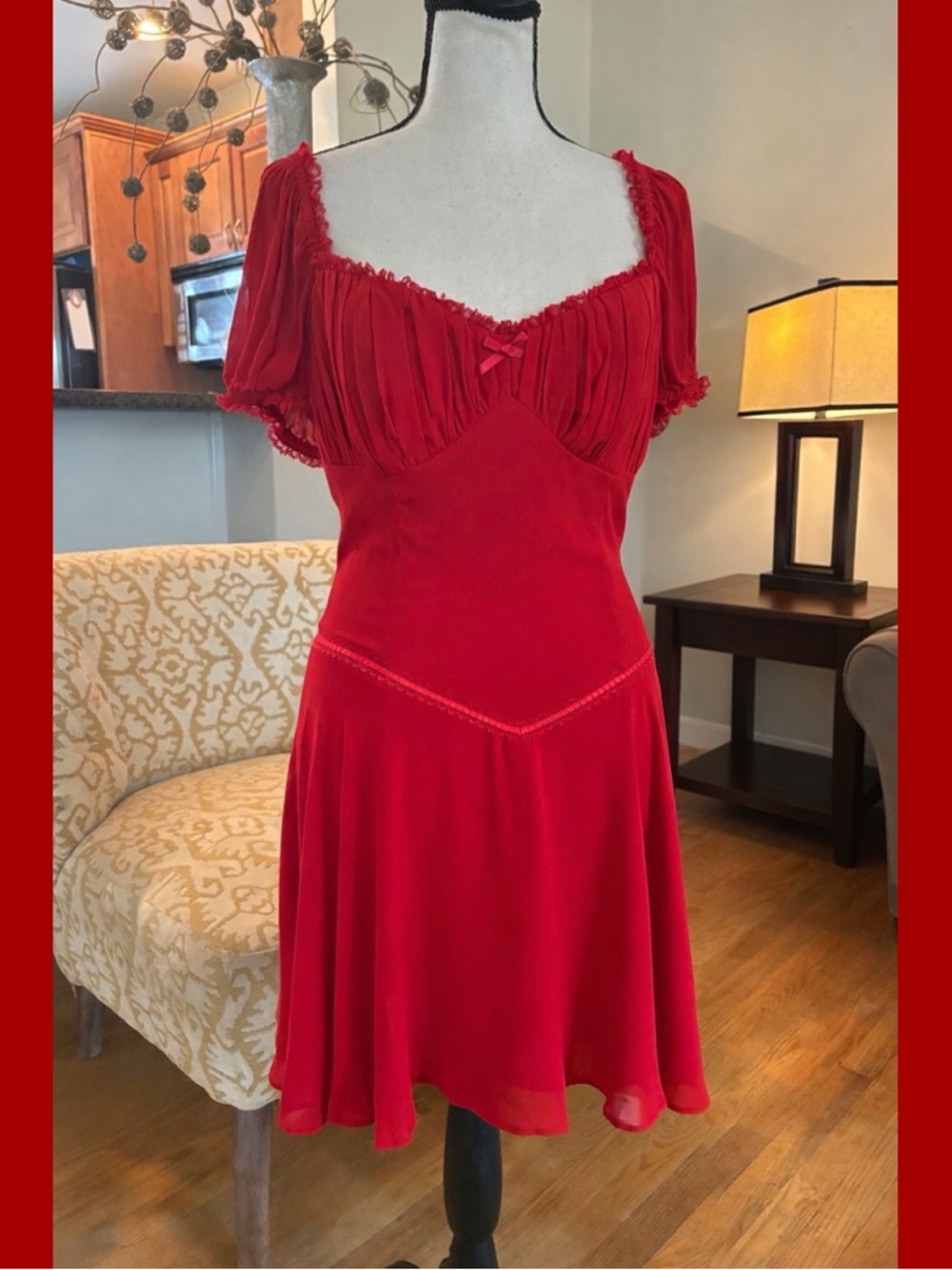 Reformation Ondine Red Puff Sleeve Sweetheart Mini Dress Fit & Flare Size 10